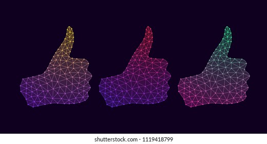 Technology Hand with line Connections, Plexuses and Knots. Vector illustration of Digital Hand Projection with Thumb up. Silhouette of the hand with gradients
