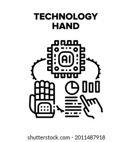 Technology Hand Vector Icon Concept. Robotic Technology Hand Prosthesis Innovation Cyber Equipment. Robot Artificial Intelligence Electronic Microchip And Processor Black Illustration