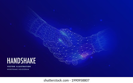 Apretón de manos de la tecnología - Dos personas estrechando la mano al estilo holograma del marco de cables. Acuerdo digital y concepto de acuerdo. Ilustración vectorial.