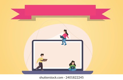 personas felices con la tecnología con computadoras y banderas