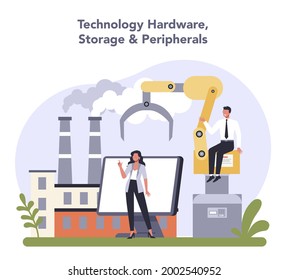 Industria de equipos y hardware de tecnología. Componentes eléctricos y semiconductores. Tecnología moderna de comunicación. Ilustración vectorial plana