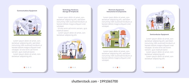 Technology hardware and equipment industry mobile application banner set. Electrical and semiconductor components. Modern communication technology. Flat vector illustration