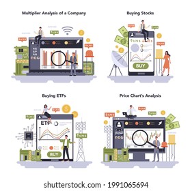 Technology hardware and equipment industry online service or platform set. Multiplier analysis of a company, buying stocks and ETFs, price chart analysis. Flat vector illustration