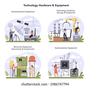 Technology Hardware And Equipment Industry Set. Electrical And Semiconductor Components. Modern Communication Technology. Flat Vector Illustration