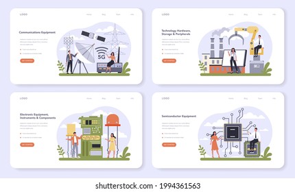 Technology Hardware And Equipment Industry Web Banner Or Landing Page Set. Electrical And Semiconductor Components. Modern Communication Technology. Flat Vector Illustration