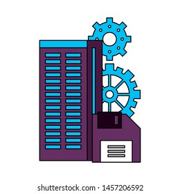 technology hardware server tower and diskette support and maintenance cartoon vector illustration graphic design