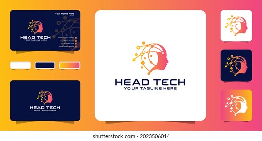 technology head logo design inspiration with connection lines and business cards