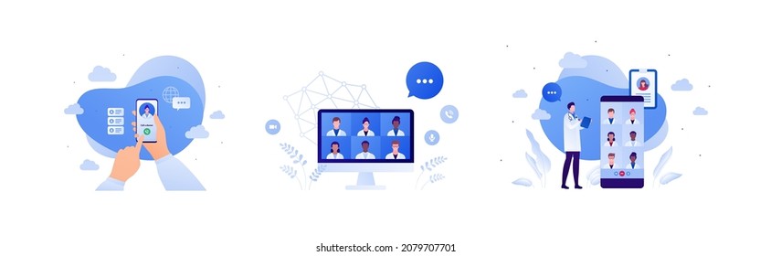 Technology in healthcare concept. Vector flat people illustration set. Hand hold smartphone with doctor symbol. Medic avatar on computer screen. Health care medical conference on phone screen