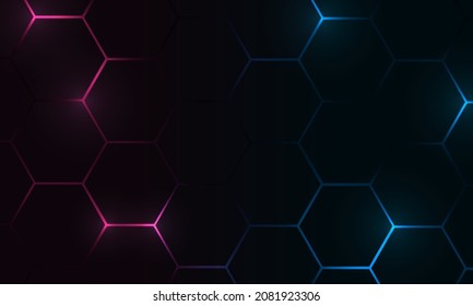 Technology hexagon dark futuristic abstract vector background with pink and blue colored bright flashes under hexagon. Hexagonal gaming honeycomb abstract background.
