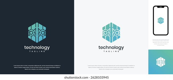 Design do logotipo hexágono da tecnologia. Modelo de logotipo hexágono de conexão de tecnologia. Ícone de símbolo de logotipo de tecnologia