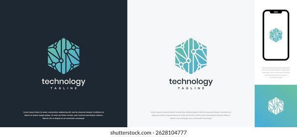Technology hexagon logo design. Technology connection hexagon logo template. Technology logo symbol icon