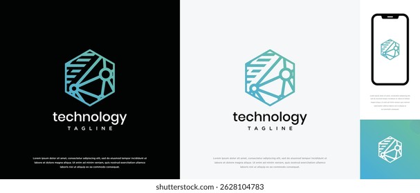 Technology hexagon logo design. Technology connection hexagon logo template. Technology logo symbol icon
