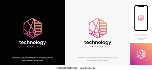 Design do logotipo hexágono da tecnologia. Modelo de logotipo hexágono de conexão de tecnologia. Ícone de símbolo de logotipo de tecnologia