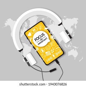 Technology holds people under pressure. Call to people overwhelmed by information and social media to focus on important. Mobile phone, social media icons, headphones, world map, vector poster, banner