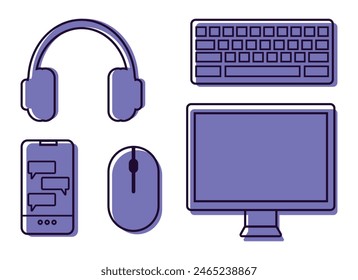 Technology home office line icons set. Computer monitor, keyboard, mouse, headphones and smartphone icons. Vector illustration