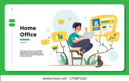 Technology - Home Office - modern flat vector concept digital illustration home office, a freelancer guy working at home with pets. Creative landing web page design template with variety color