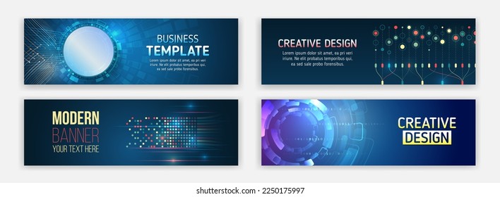 Technology horizontal banners set. Blue futuristic science presentation collection. Modern banner design for medicine, internet network, artificial intelligence, big data. High-tech media cover.