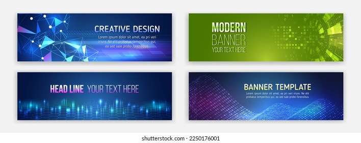 Technology horizontal banners set. Blue futuristic science presentation collection. Modern banner design for medicine, internet network, artificial intelligence, big data. High-tech media cover.