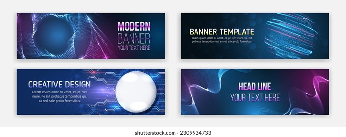 Conjunto de banners horizontales de tecnología. Colección azul de presentaciones de ciencia futurista. Diseño de pancartas modernas para medicina, red de internet, inteligencia artificial, big data. Portada de medios de alta tecnología.