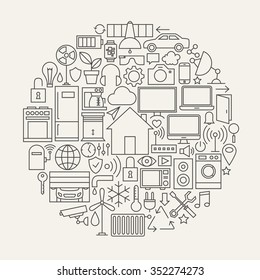 Technology House Line Icons Set Circle Shape. Vector Illustration of Smart Home Technology Modern Objects.