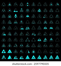 Technology hud 100 shape of a grid of glowing teal triangles, each with a unique design, creating a modern and abstract pattern