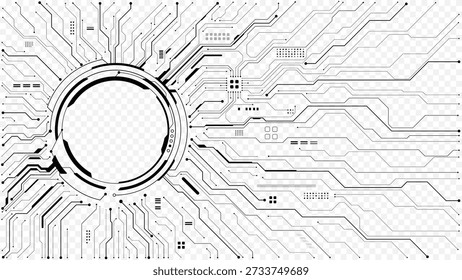 Technology HUD portal with semiconductor pathways extending to edges. Black chip circuit pattern on white. AI-powered board design for futuristic digital projects. HUD vector. Tech digital background.