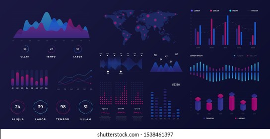 Technology hud user interface graphic display. Interactive panel on dark blue background with charts, diagrams. Vector data screen, futuristic ui infographic