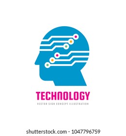 Technology - human head and electronic network - vector logo concept illustration. Computer digital chip sign. Graphic design element. 