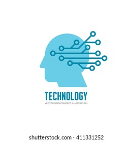 Technology - human head and electronic network - vector logo concept illustration. Digital chip sign.