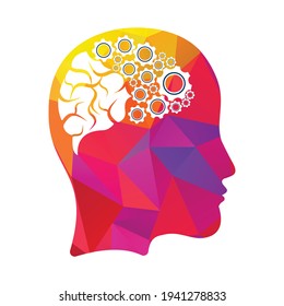Technology Human Head Logo Icon Design. Digital woman head brain shape with gears idea concept innovation genius.	