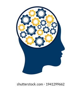 Diseño del icono del logotipo de cabeza humana de tecnología. La forma del cerebro de la cabeza de la mujer digital con el genio de la innovación del concepto de ideas de engranajes.