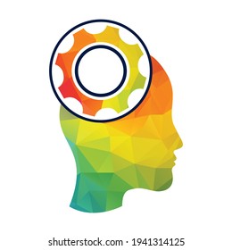 Technology Human Head Logo Icon Design. Digital woman head brain shape with gears idea concept innovation genius.