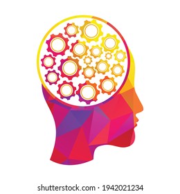 Technology Human Head Logo Icon Design. Digital woman head brain shape with gears idea concept innovation genius.