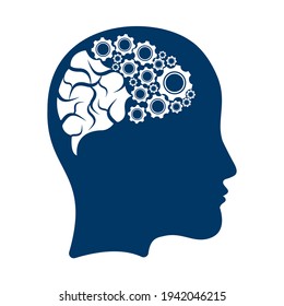 Technology Human Head Logo Icon Design. Digital woman head brain shape with gears idea concept innovation genius.	