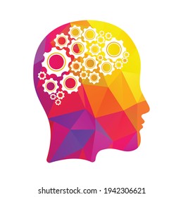 Technology Human Head Logo Icon Design. Digital woman head brain shape with gears idea concept innovation genius.