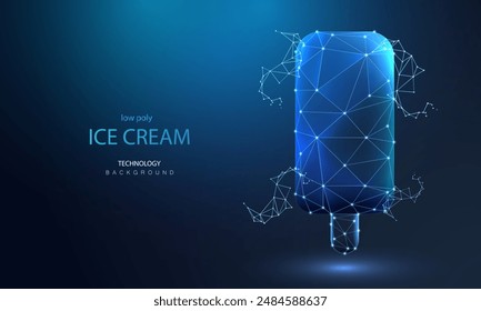 Helado de Tecnología sobre un fondo de palo. Icono de helado en neón salpicado bajo estilo poli. Fondo de comida de hielo delicioso verano. Concepto de malla holográfica.