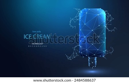 Technology ice cream on a stick background. Icon of ice cream in neon splash low poly style. Summer delicious ice food background. Hologram wireframe concept.