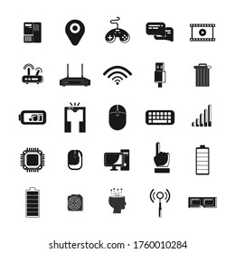 icono de tecnología con gafas 3d, red móvil, computadora, batería, enrutador wifi, CPU, ratón