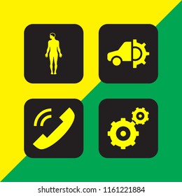 technology icon. 4 technology set with gearwheels couple, car, phone call and human body vector icons for web and mobile app