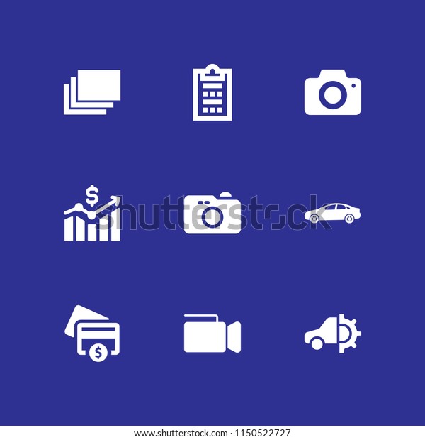 technology\
icon. 9 technology set with chart, sedan car model, photo camera\
and survey vector icons for web and mobile\
app