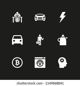 technology icon. 9 technology set with sedan car front, flash, bitcoin and student vector icons for web and mobile app