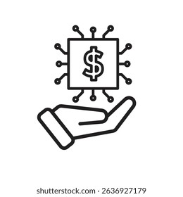 Technology icon. AI in Finance in hand. Chip with dollar symbol. Depicts automation, future, artificial intelligence. Outline design style