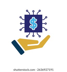 Technology icon. AI in Finance in hand. Chip with dollar symbol. Depicts automation, future, artificial intelligence. Flat design style