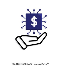 Technology icon. AI in Finance in hand. Chip with dollar symbol. Depicts automation, future, artificial intelligence. Mixed design style