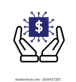 Technology icon. AI in Finance in hand. Chip with dollar symbol. Depicts automation, future, artificial intelligence. Mixed design style