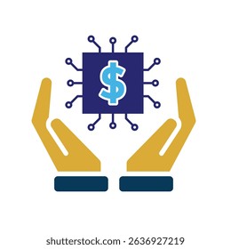 Technology icon. AI in Finance in hand. Chip with dollar symbol. Depicts automation, future, artificial intelligence. Flat design style