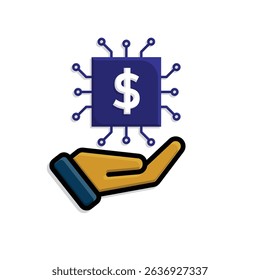 Technology icon. AI in Finance in hand. Chip with dollar symbol. Depicts automation, future, artificial intelligence. Isometric design style