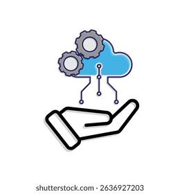 Technology icon. Automatic Cloud computing in hand. Cloud and nodes with gears. Depicts automation, artificial intelligence. Mixed design style