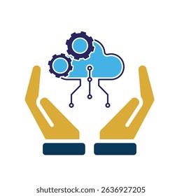 Technology icon. Automatic Cloud computing in hand. Cloud and nodes with gears. Depicts automation, artificial intelligence. Flat design style