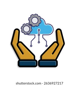 Technology icon. Automatic Cloud computing in hand. Cloud and nodes with gears. Depicts automation, artificial intelligence. Isometric design style